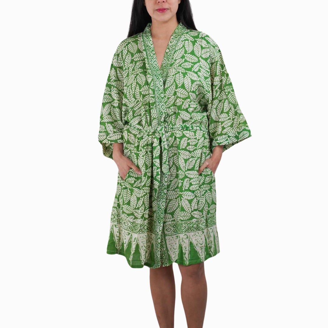Handmade Batik Robe Kimono, Cotton, Lime Green, Coffee Leaf, Green ...