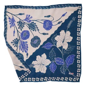 Full Hand Drawn Painted Batik Tulis Bandana Authentic, 100% Soft Cotton, Hibiscus Poppy Flowers, Blue, Navy, White, Scarf Wrap, Floral, Gift
