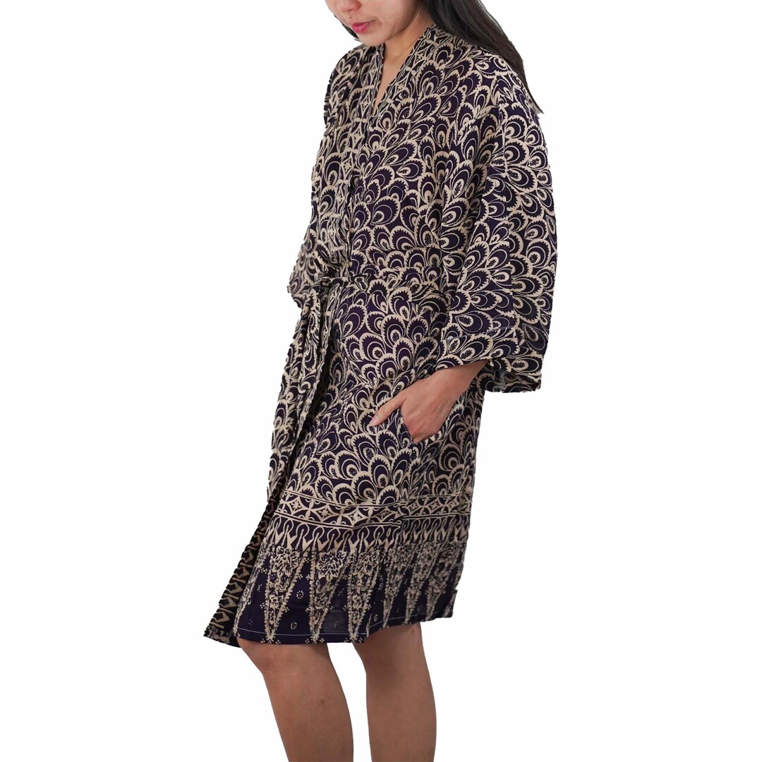 Handmade Batik Robe Kimono, 100% Cotton Lightweight Peacock Feather ...