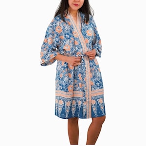 Hand Dyed Batik Robe/ Kimono, Cotton Soft, Sunset Sky, Blue, Orange, Hand Dyed Wrap Shower Cover Lounge Woman Boho Pockets House Jacket Soft