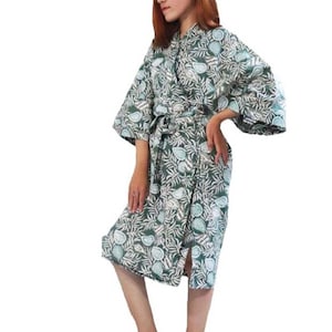 Cottagecore Hand Dyed Batik Robe Kimono 100% Cotton Emerald Green Plant Lady Mom Wrap Cover Lounge Woman Boho Pockets Bath Maternity Garden
