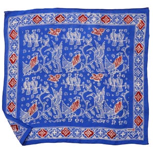 Bird Bandana, Screen Printed, Hand Dyed Indonesian Batik Cotton, Patina Blue, Red, Useful Gifting, Chemo Scarf, Ultra Soft, Reversible Batik