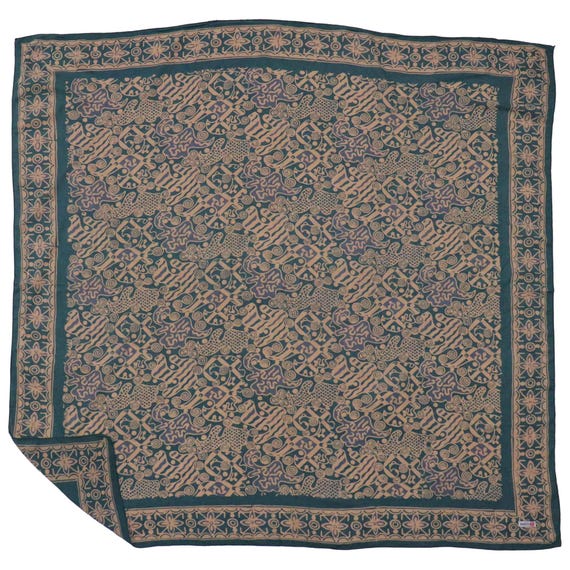 Indonesia Batik Bali, Large 39" Hand Dyed Batik Bandana, 100% Cotton, XL Abstract Flowers, Transformative Teal, Tan, Blue, Aqua, Floral Face