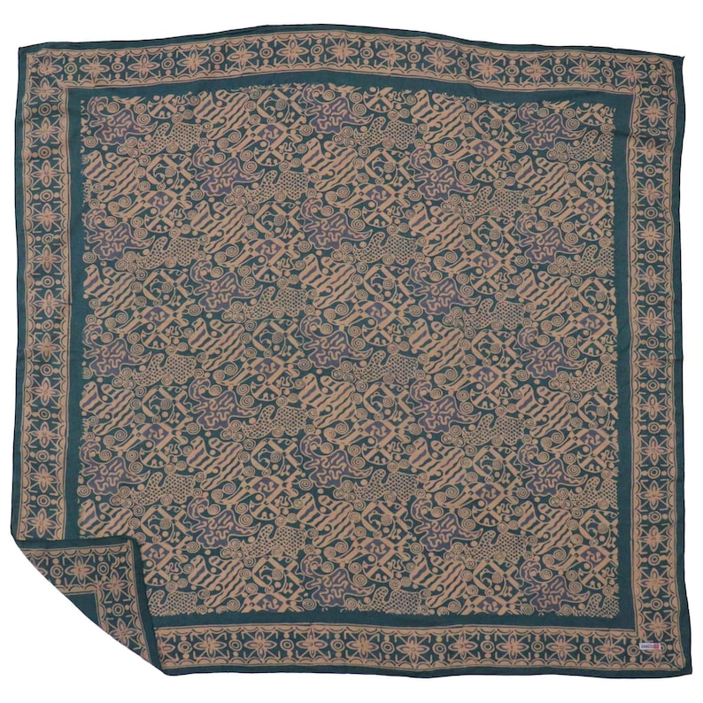 Indonesia Batik Bali, Large 39" Hand Dyed Batik Bandana, 100% Cotton, XL Abstract Flowers, Transformative Teal, Tan, Blue, Aqua, Floral Face image 1
