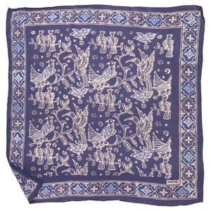 May include: A square scarf in deep blue featuring a repeating white line-art pattern of various birds perched on branches and in flight. The border displays a geometric floral motif in blue and white. A small white tag reads "kasih" in the corner.