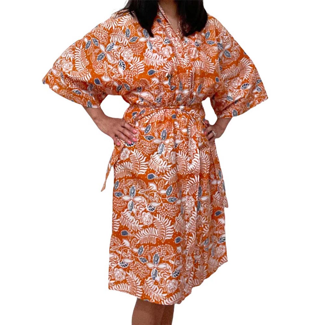 Spa Robe Batik Orange Flower Hand-dyed Batik Robe Kimono, 100% Cotton Wrap for Shower ...