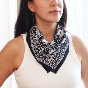Hand-Dyed Batik Bandana: 100% Cotton Black White Floral Hibiscus, Hair Square Scarf