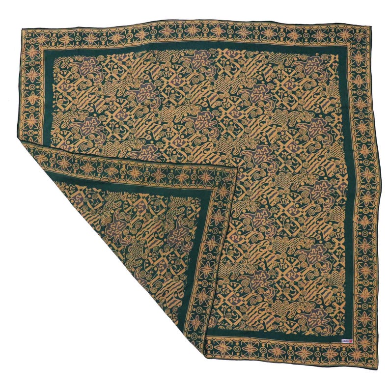 Indonesia Batik Bali, Large 39" Hand Dyed Batik Bandana, 100% Cotton, XL Abstract Flowers, Transformative Teal, Tan, Blue, Aqua, Floral Face image 2