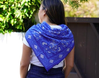 Large 39" Hand Dyed Batik Big Bandana, Lightweight 100% Cotton, Blue Rose, XL, Dust Desert Floral Wrap, Soft Flower, Giant, Grande, Bigger
