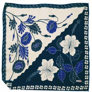 Full Hand Drawn Painted Batik Tulis Bandana Authentic, 100% Soft Cotton, Hibiscus Poppy Flowers, Blue, Navy, White, Scarf Wrap, Floral, Gift