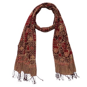 Handmade Batik Scarf, Shawl, Stole, Wrap, Soft Cotton, Red Burgundy, Maroon, Brown, Light, Unique, Tribal, Ethic, Mom Mother, Her Gift Idea
