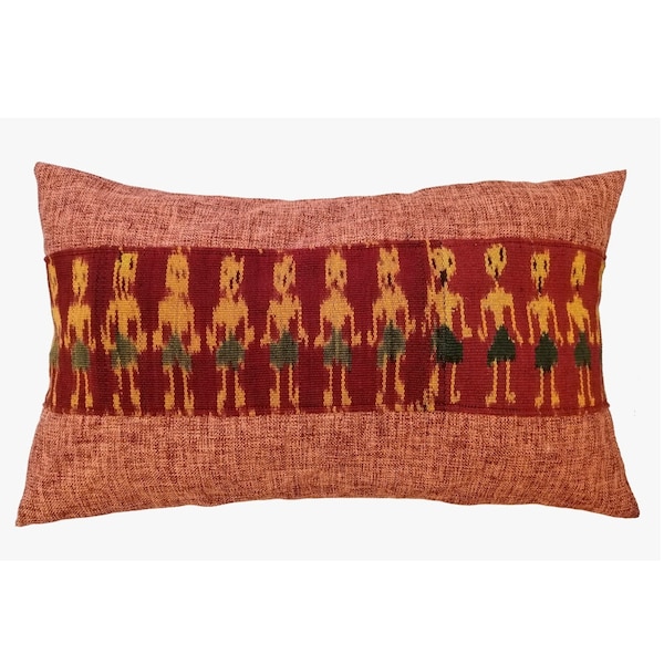 Ikat Pillow Cover, Red 12 x 20 inches Handwoven, Cushion Cotton Ethnic Boho Throw Case Indonesia Handmade Person People Bold Colorful Maroon