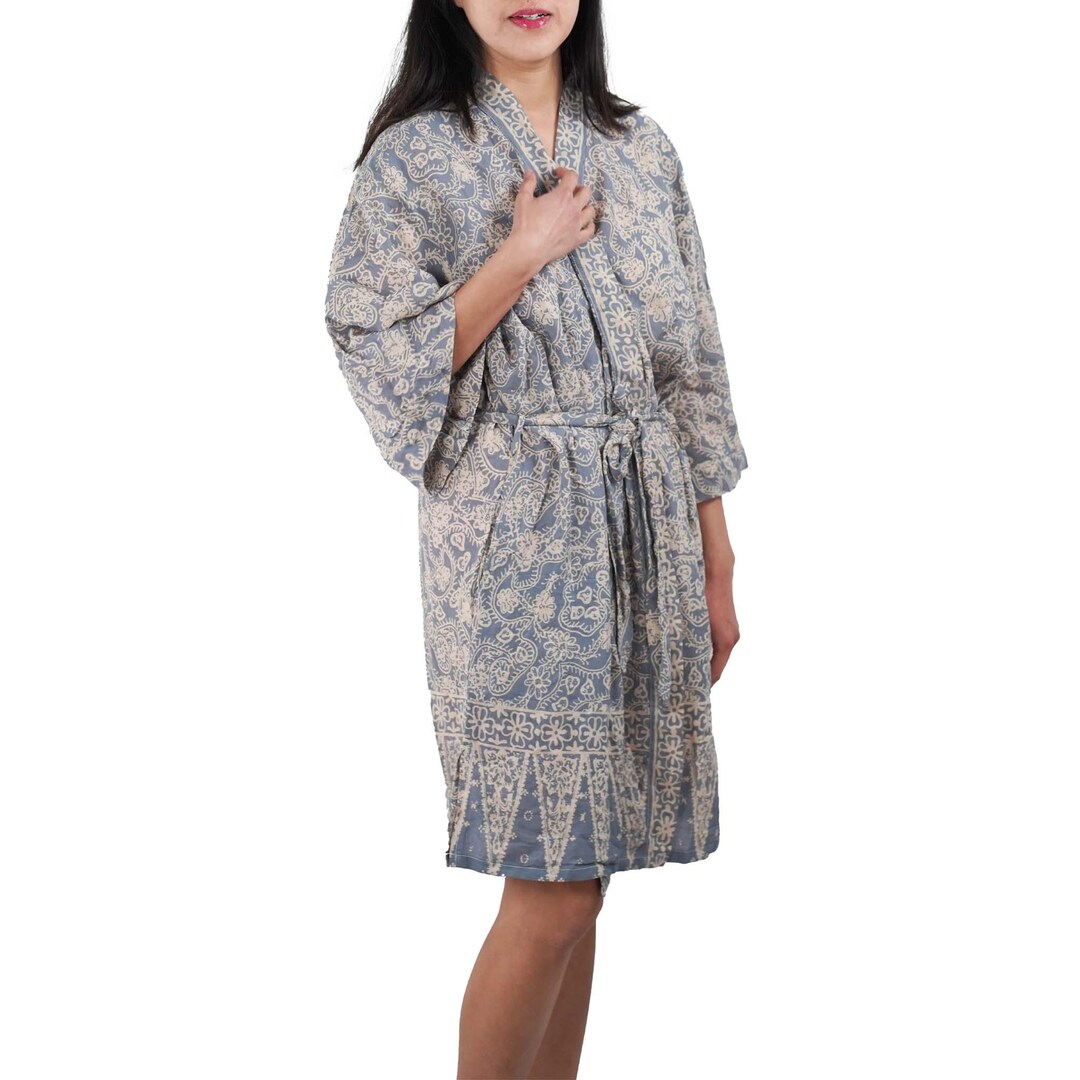 Spa Robe Batik Handmade Batik Robe Kimono, 100% Cotton Gray, Hand Dyed Wrap Shower ...