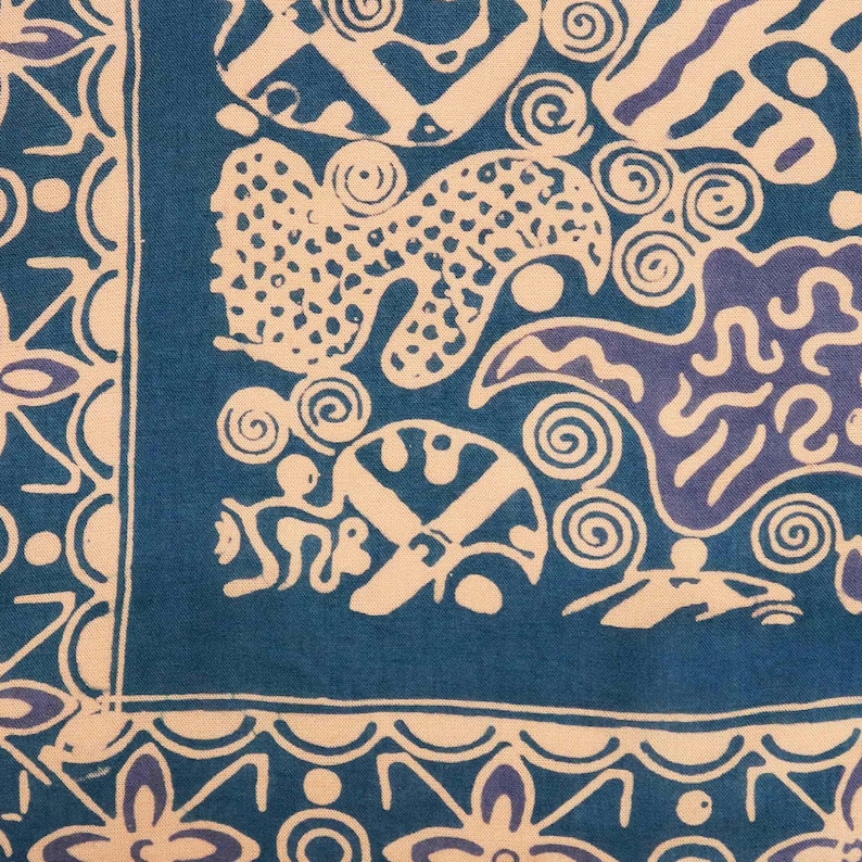 Indonesia Batik Bali, Large 39" Hand Dyed Batik Bandana, 100% Cotton, XL Abstract Flowers, Transformative Teal, Tan, Blue, Aqua, Floral Face image 6