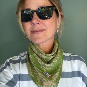 Hand Dyed Batik Bandana, 100% Soft Cotton, Spotted Flowers in Green, Fair Trade Reversible Soft Square Scarf, Ultra Soft, Tie Dye Gift