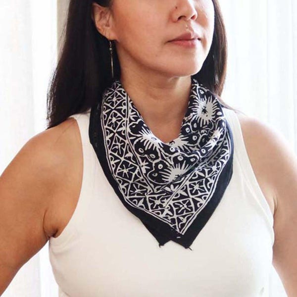 Hand-Dyed Batik Bandana: 100% Cotton Black White Floral Hibiscus, Hair Square Scarf