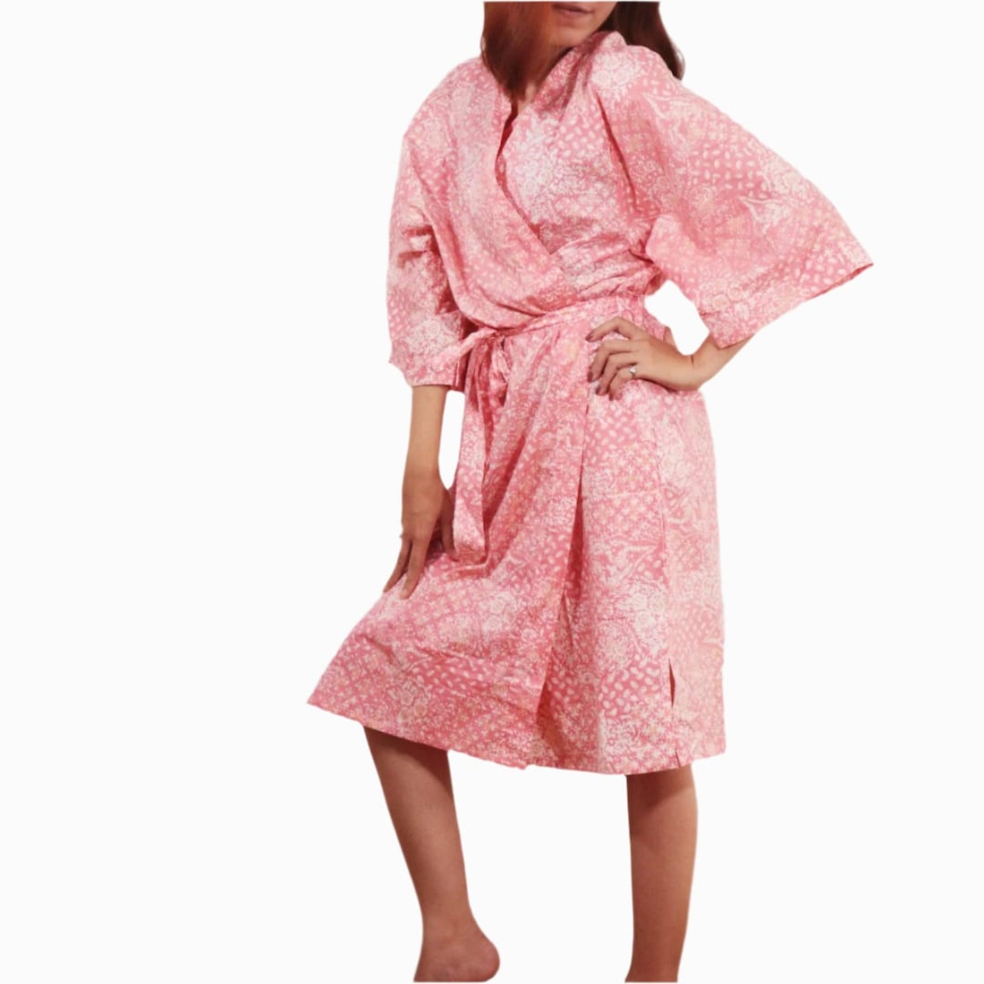 Spa Robe Batik Hand Dyed Batik Robe Kimono 100% Cotton Pink Wildflower Wrap Shower ...