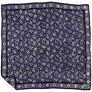 May include: A square scarf featuring a dark navy blue and white intricate floral lace-like pattern throughout the center. The scarf is framed by a distinct black border containing a repeating white geometric diamond and floral motif design.