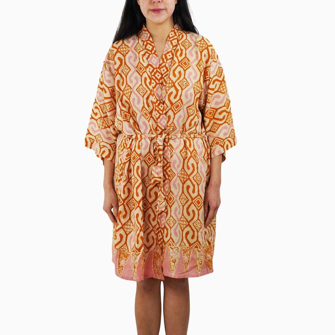 Handmade Batik Robe Kimono, 100% Cotton Orange Pink, Hand Dyed Wrap ...