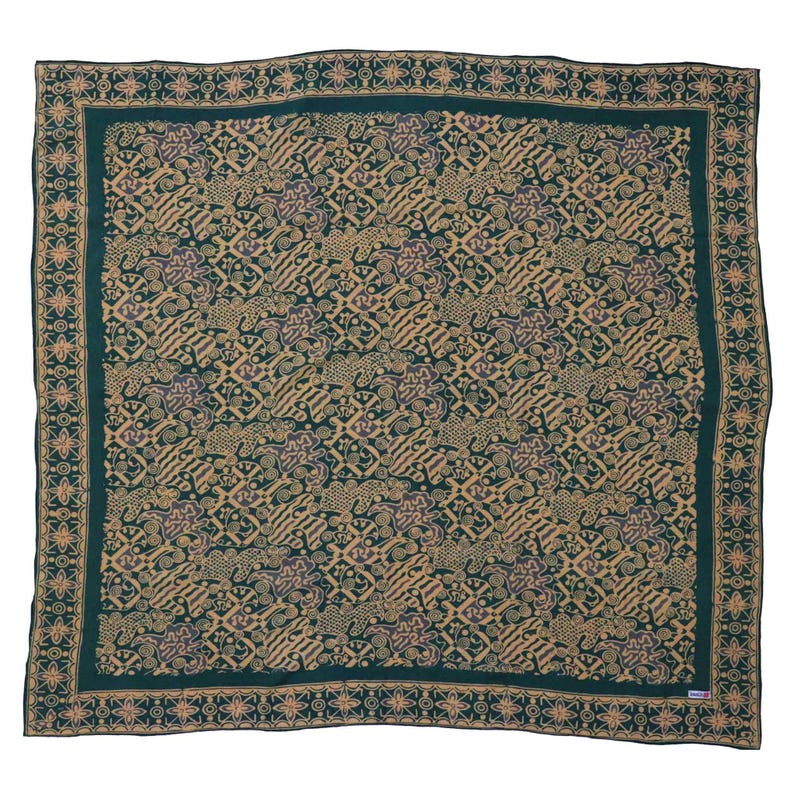 Indonesia Batik Bali, Large 39" Hand Dyed Batik Bandana, 100% Cotton, XL Abstract Flowers, Transformative Teal, Tan, Blue, Aqua, Floral Face image 3