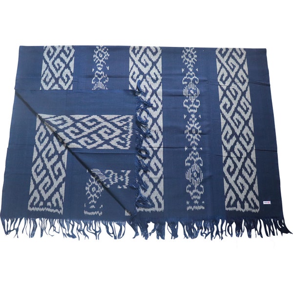 Bali Ikat Blanket Throw Indonesia, Blue Handwoven Fair Trade Bedspread Boho Bedding Wall Hanging Home Decor Couch Dyed Fringe Throw Bed Gift