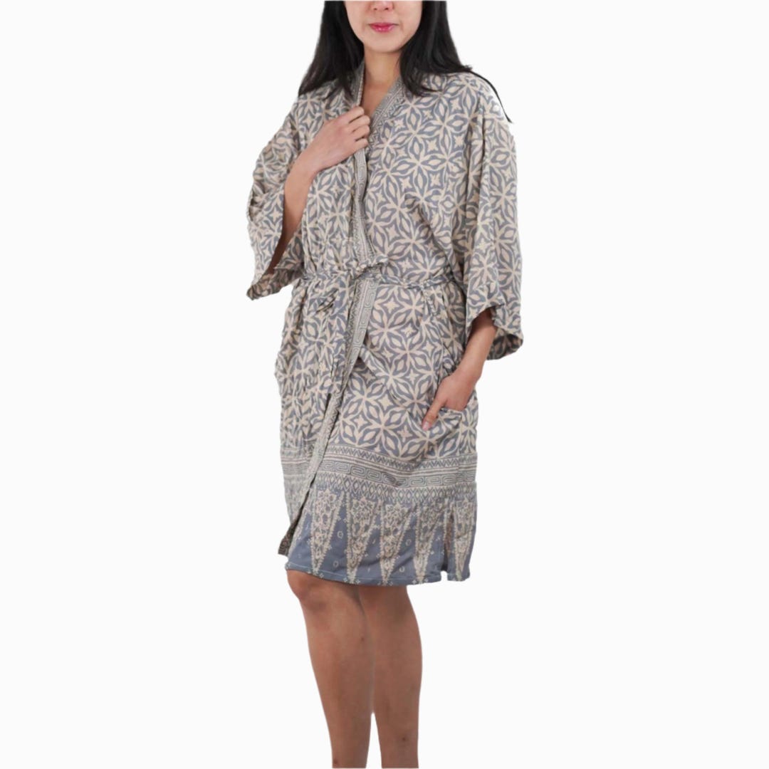 Spa Robe Batik Handmade Batik Robe Kimono, 100% Cotton Lightweight Gray, Hand Dyed ...