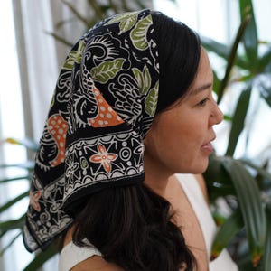 Block Print Bandana, Hand Dyed Batik,  Dark Floral, 100% Soft Cotton, Black, Orange, Strawberry, Visionary Art, Festival wear, Berry Idea