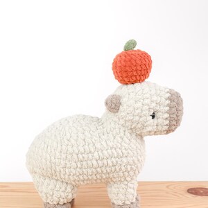 May include: A handmade, plush capybara with a small orange apple on its head. The capybara is light beige with gray accents on its face, ears, and feet. The apple has a green leaf. The toy is sitting on a wooden surface.