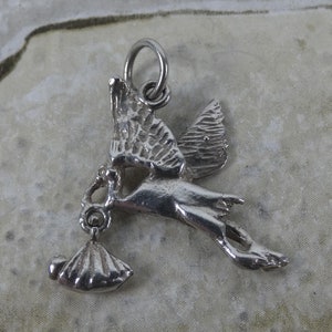 Vintage Sterling Silver Flying Stork and Baby Christening Charm / Pendant