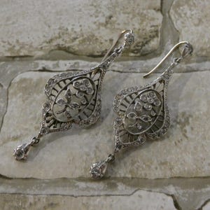 Pair of Edwardian Style Silver White Stone Floral Drop Earrings
