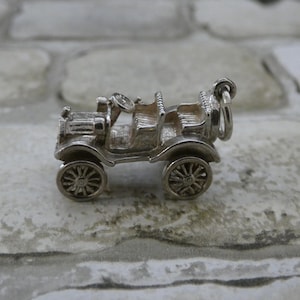 Large Vintage Sterling Silver Vintage Car Charm / Pendant With Moving Wheels