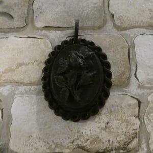 Antique Victorian Vulcanite Mourning Locket / Pendant with Rose Decoration