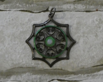 Antique Art Nouveau 935 Silver and Green Enamel Pierced Pendant
