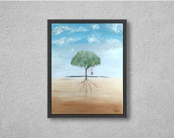 Summertime Roots, a 16x20 whimsical acrylic abstract painting perfect for kids or living room; handmade frame included; great & unique gift