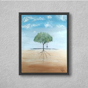 Summertime Roots, a 16x20 whimsical acrylic abstract painting perfect for kids or living room handmade frame included great & unique gift image 1