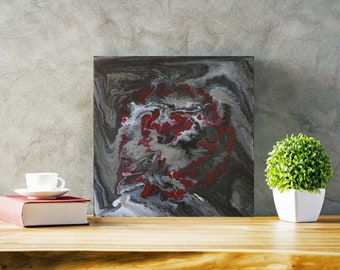 Marble Red, a 12x12 abstract acrylic flow painting in red, silver, black; unique Mother's Day gift, ready to hang in 1 of 4 orientations