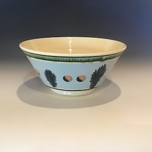 May include: A ceramic bowl with a light blue exterior, featuring dark green fern-like designs and small orange circles. The rim has a green and white border, and the interior is cream-colored. The bowl sits on a white surface.