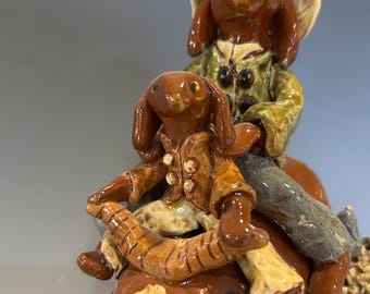 Redware whimsey bull and bunnies