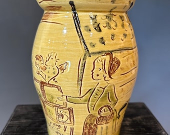 Redware sgraffito canister with chickens