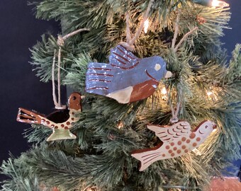 Redware ornaments set of three birds