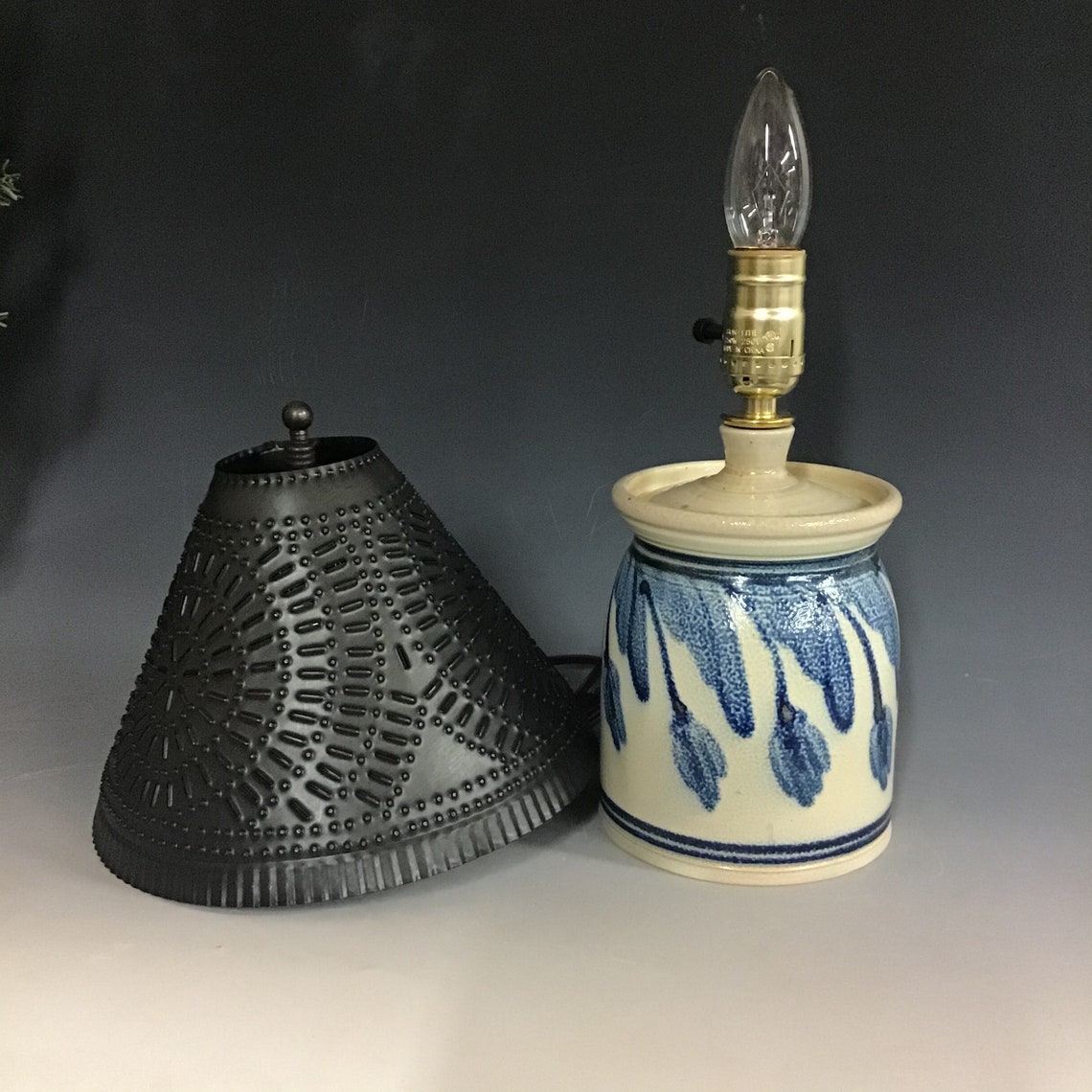 Small lamp salt glazed pottery with punched tin shaded Etsy