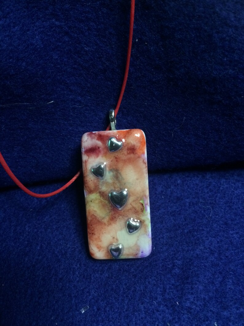 Altered Domino Pendant Necklace With Silver Hearts Vinyl Cord Lobster Claw Clasp