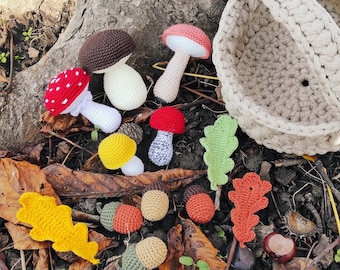 Crochet set of mushrooms, acorns and oak leaves in a basket, Crochet play food set