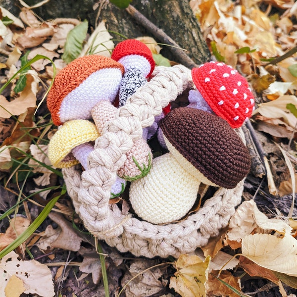 Crochet mushroom set in a basket, 6 mushrooms, Crochet play food, Waldorf toy.
