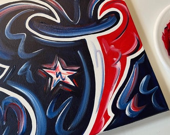 May include: Abstract painting of a blue and red star on a white background. The star is surrounded by blue and red swirls.