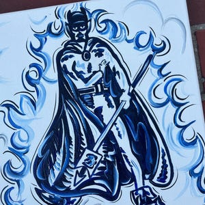 May include: A black and blue painting of a superhero with a cape and a weapon. The background is white with blue swirls.