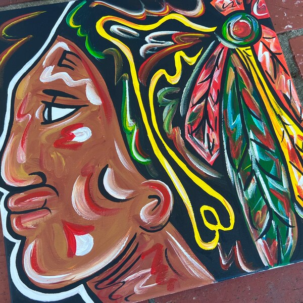 Artist’s interpretation of Chicago Blackhawks as an abstract painting art Ice Hockey. Hand painted