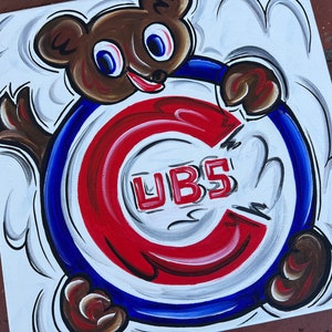 Artist’s interpretation of Chicago Cubs baseball in abstract, painting art. Hand painted