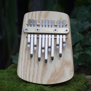 Può includere: Un kalimba in legno con lamelle metalliche. Lo strumento ha una finitura in legno chiaro e una barra color ottone che tiene le lamelle. Lo strumento è appoggiato su un letto di muschio verde, con uno sfondo verde sfocato.