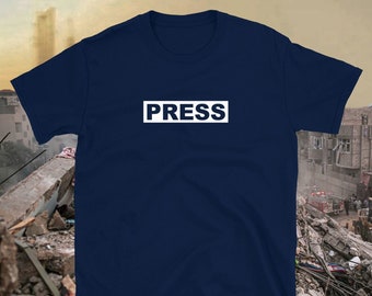 Press T-Shirt (Palestine Merch Inspired by Journalist Motaz Azaiza) Unisex Navy Tee